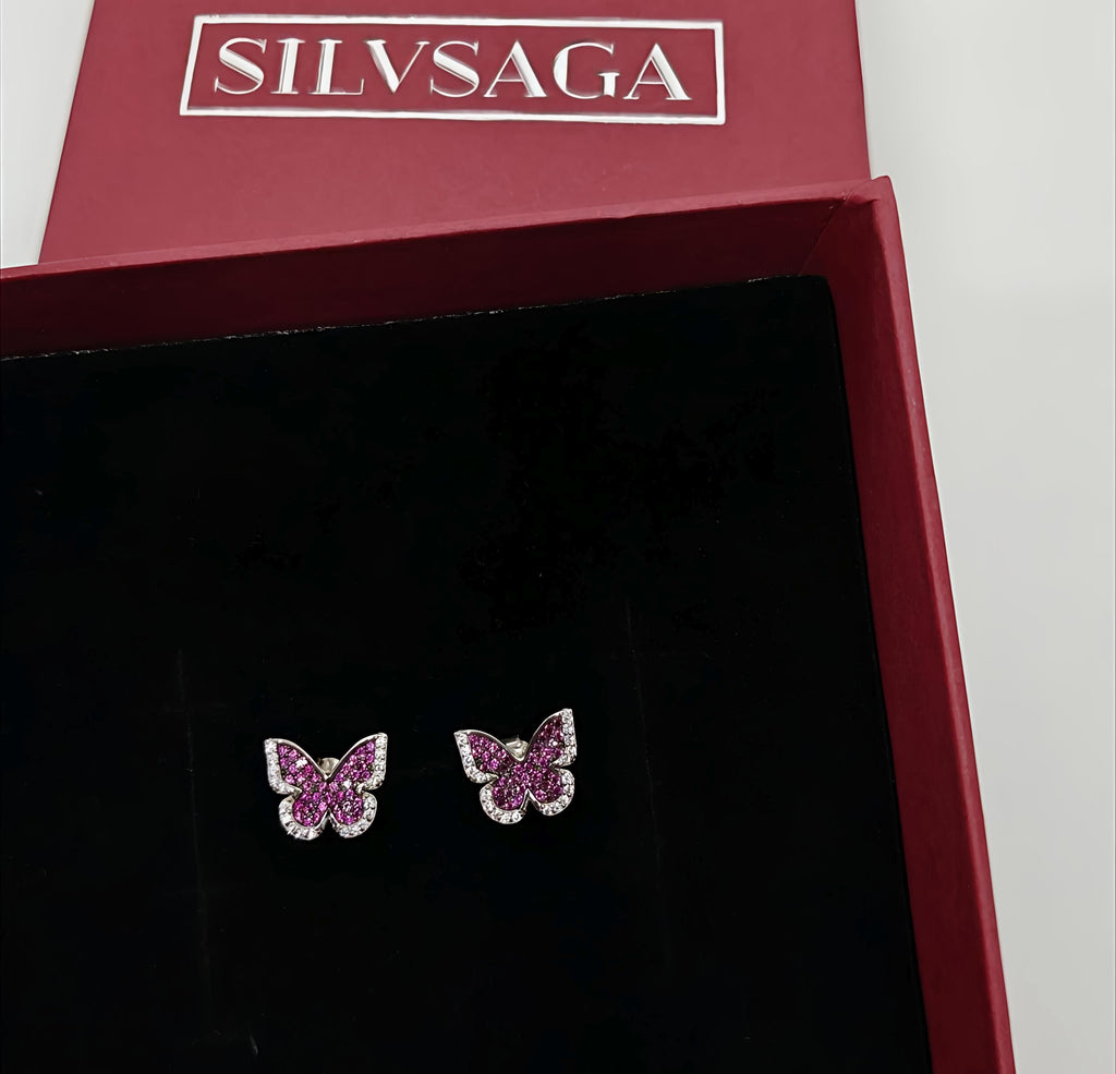 Butterfly Sparkle Silver Earrings with Pink & White Stones by SilvSaga