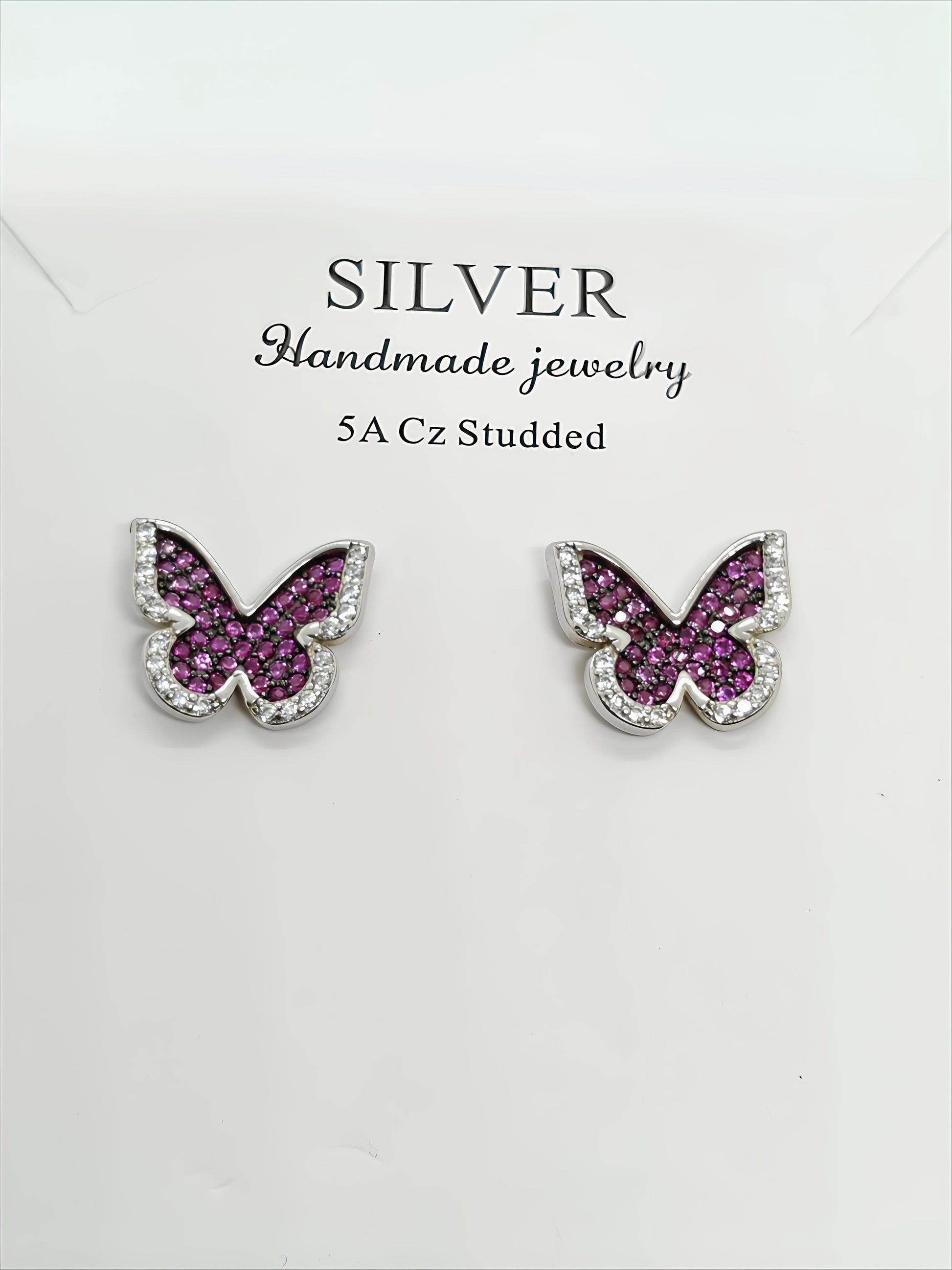 Butterfly Sparkle Silver Earrings with Pink & White Stones by SilvSaga