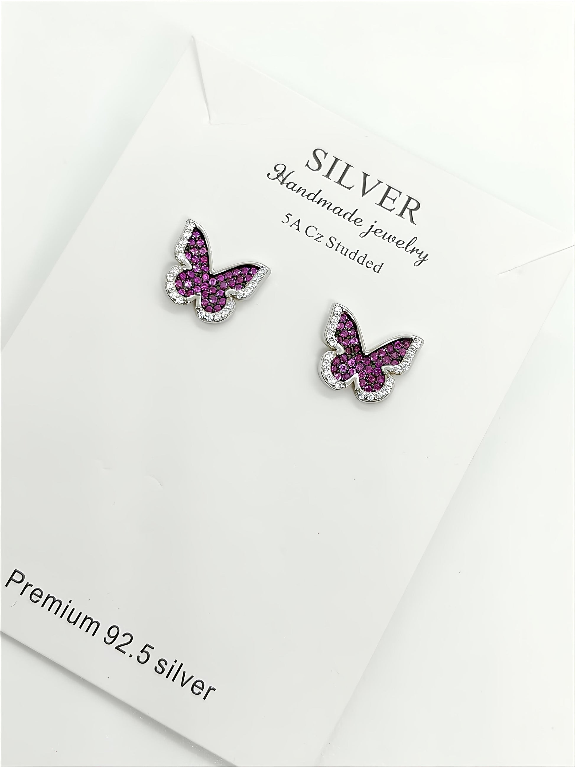 Butterfly Sparkle Silver Earrings with Pink & White Stones by SilvSaga