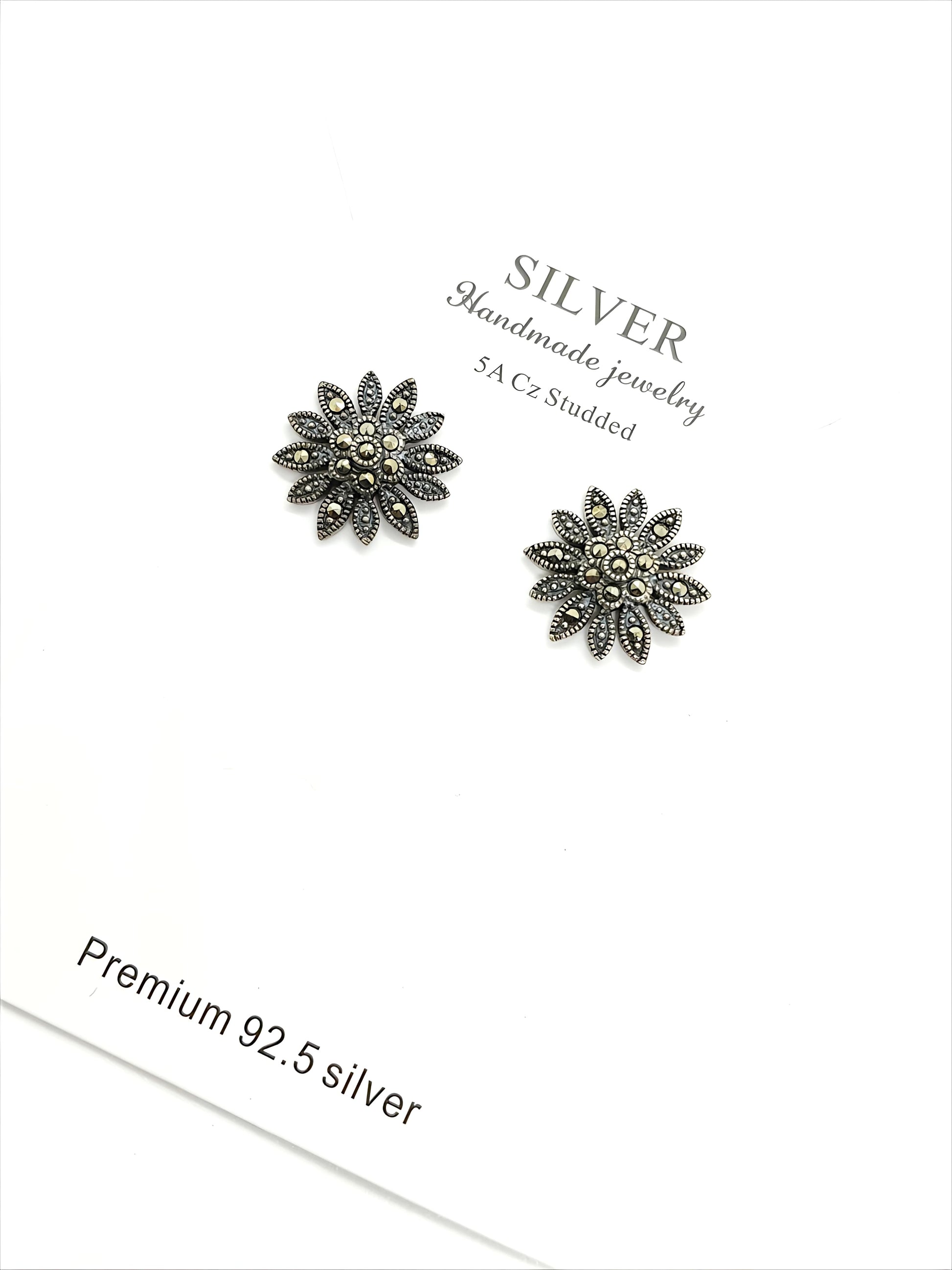 Vintage Floral Silver Earrings with Black Marcasite Stones by SilvSaga