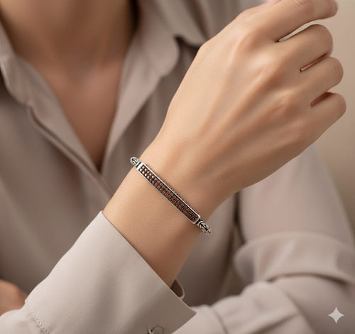 925 Silver Woven Bracelet with Brown Stone Bar By SilvSaga