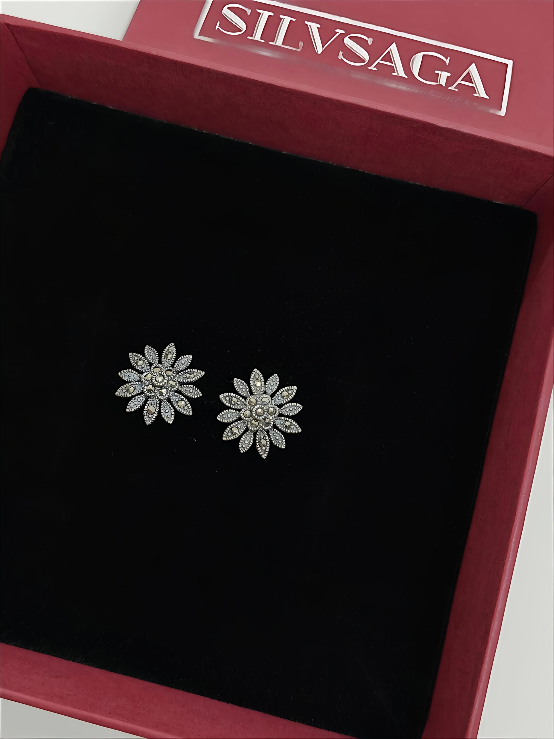 Vintage Floral Silver Earrings with Black Marcasite Stones by SilvSaga