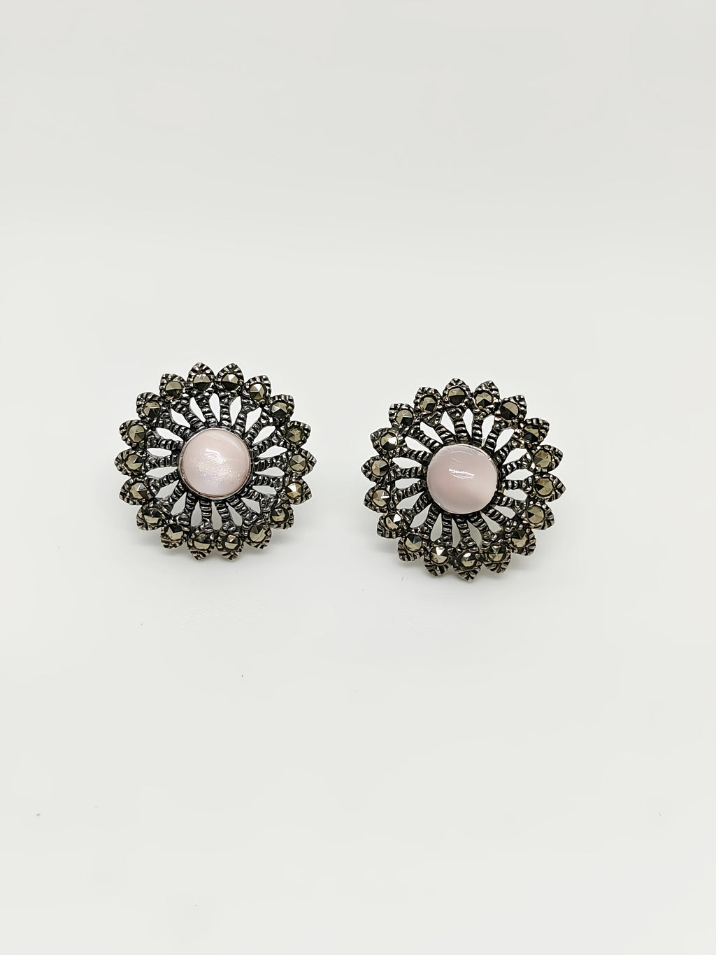 Antique Silver Earrings with Pink Stone & Marcasite Detailing by SilvSaga