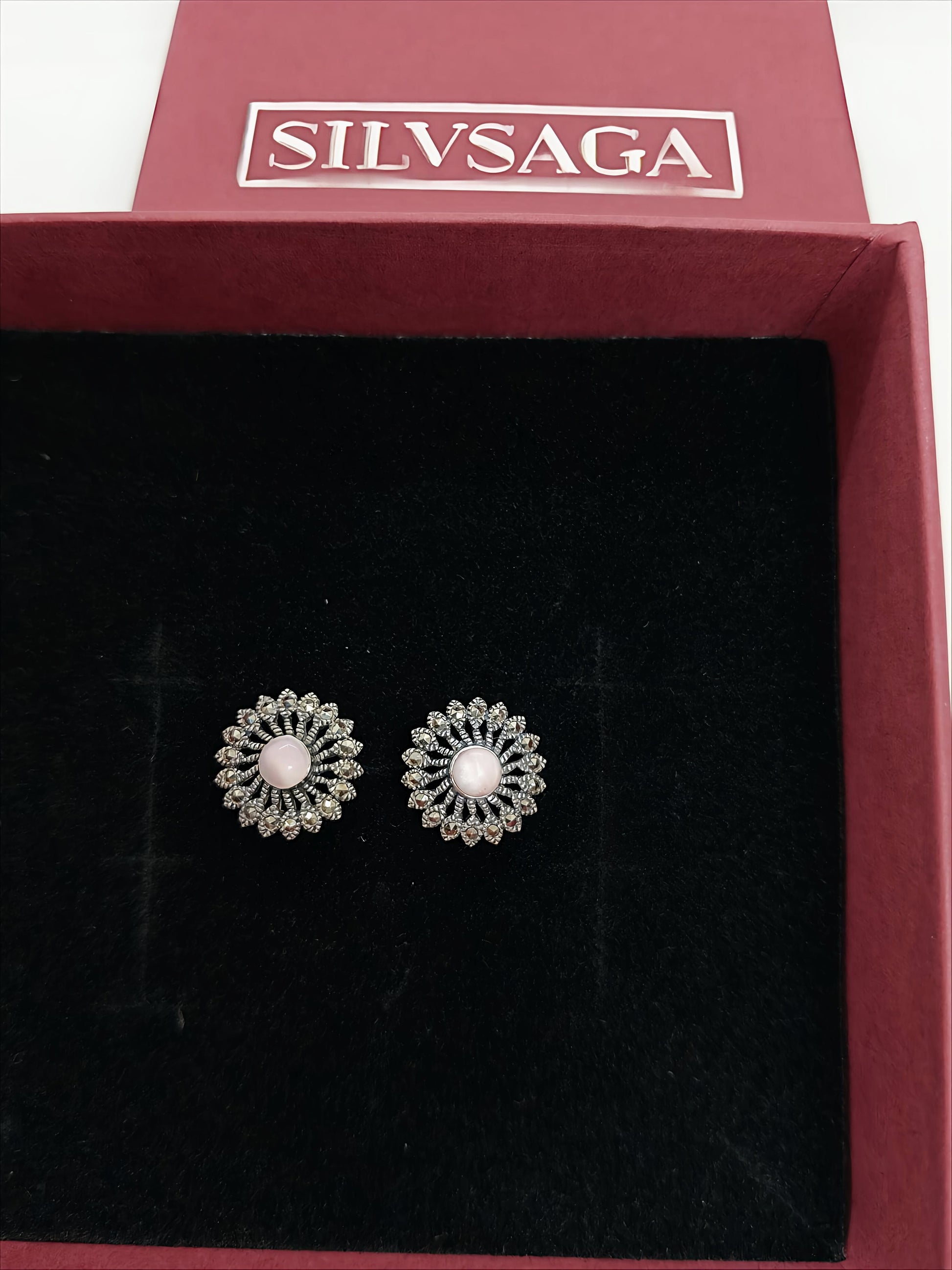 Antique Silver Earrings with Pink Stone & Marcasite Detailing by SilvSaga