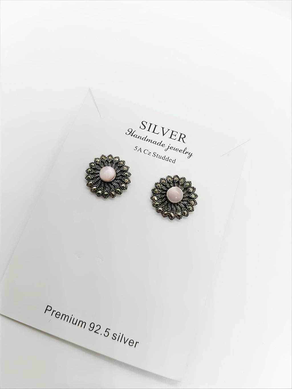 Antique Silver Earrings with Pink Stone & Marcasite Detailing by SilvSaga