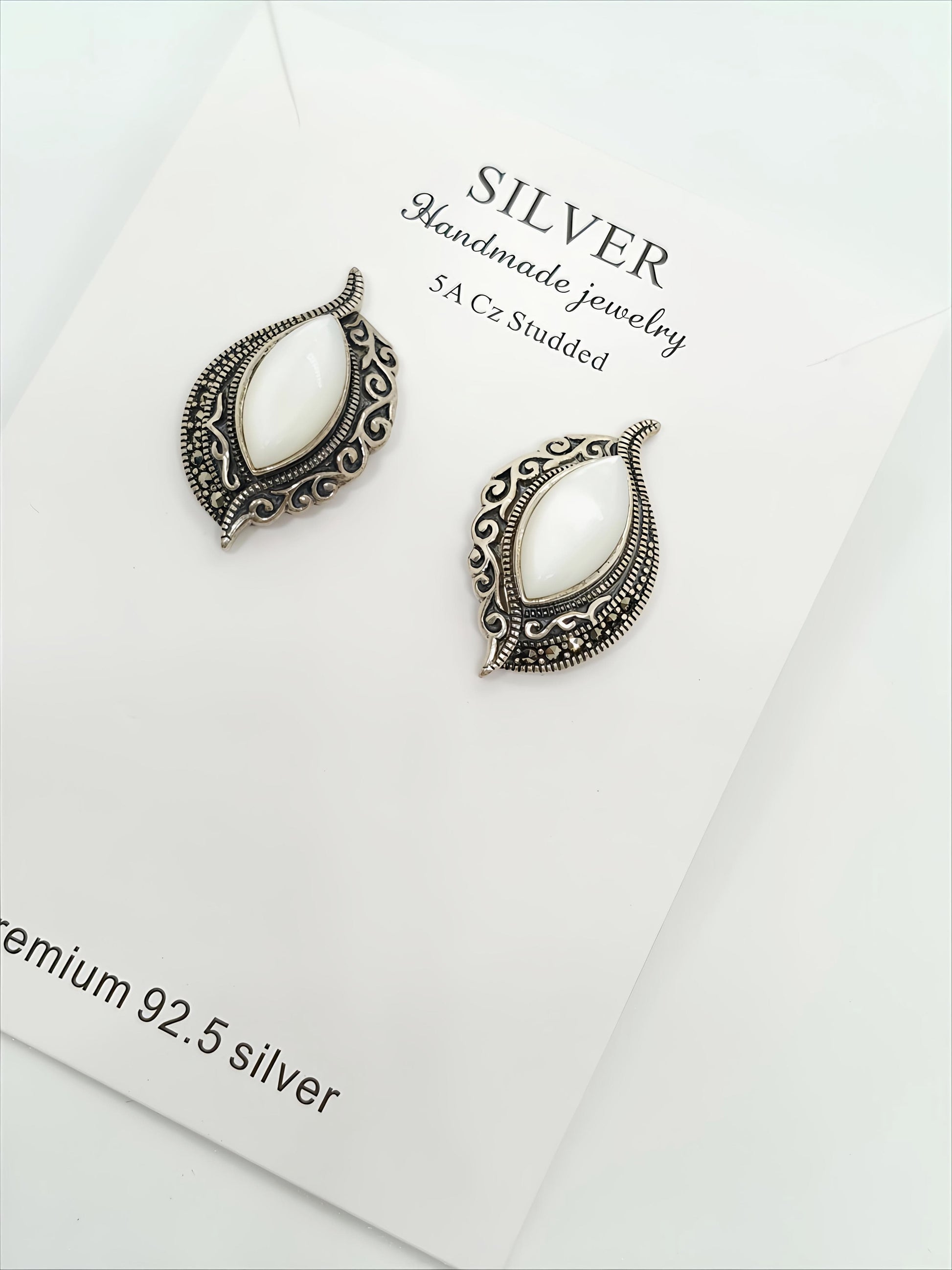 Antique Silver Leaf Design Earrings with Mother of Pearl Stone by SilvSaga