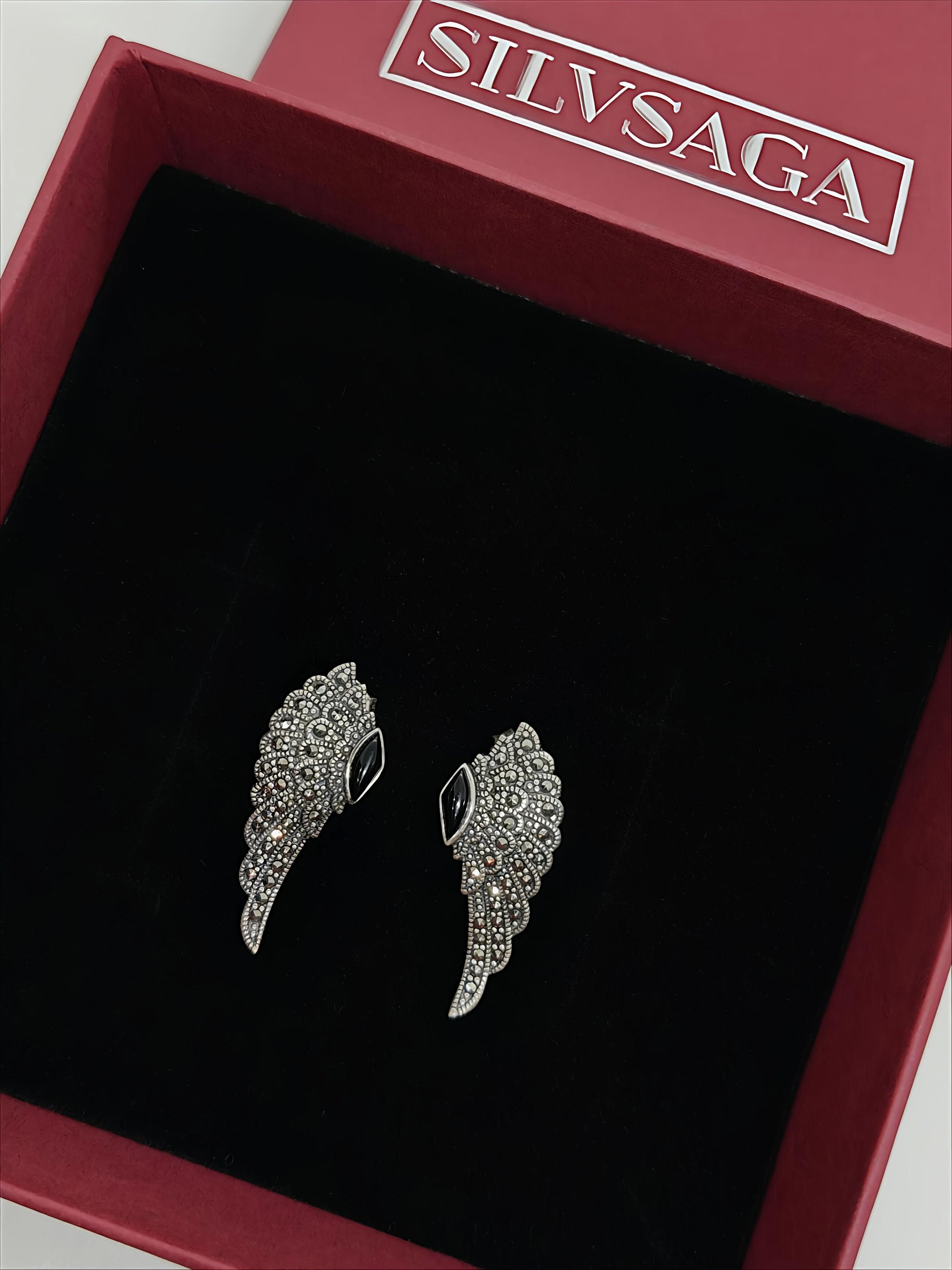 Antique Silver Wing Design Earrings with Black Onyx and Marcasite by SilvSaga