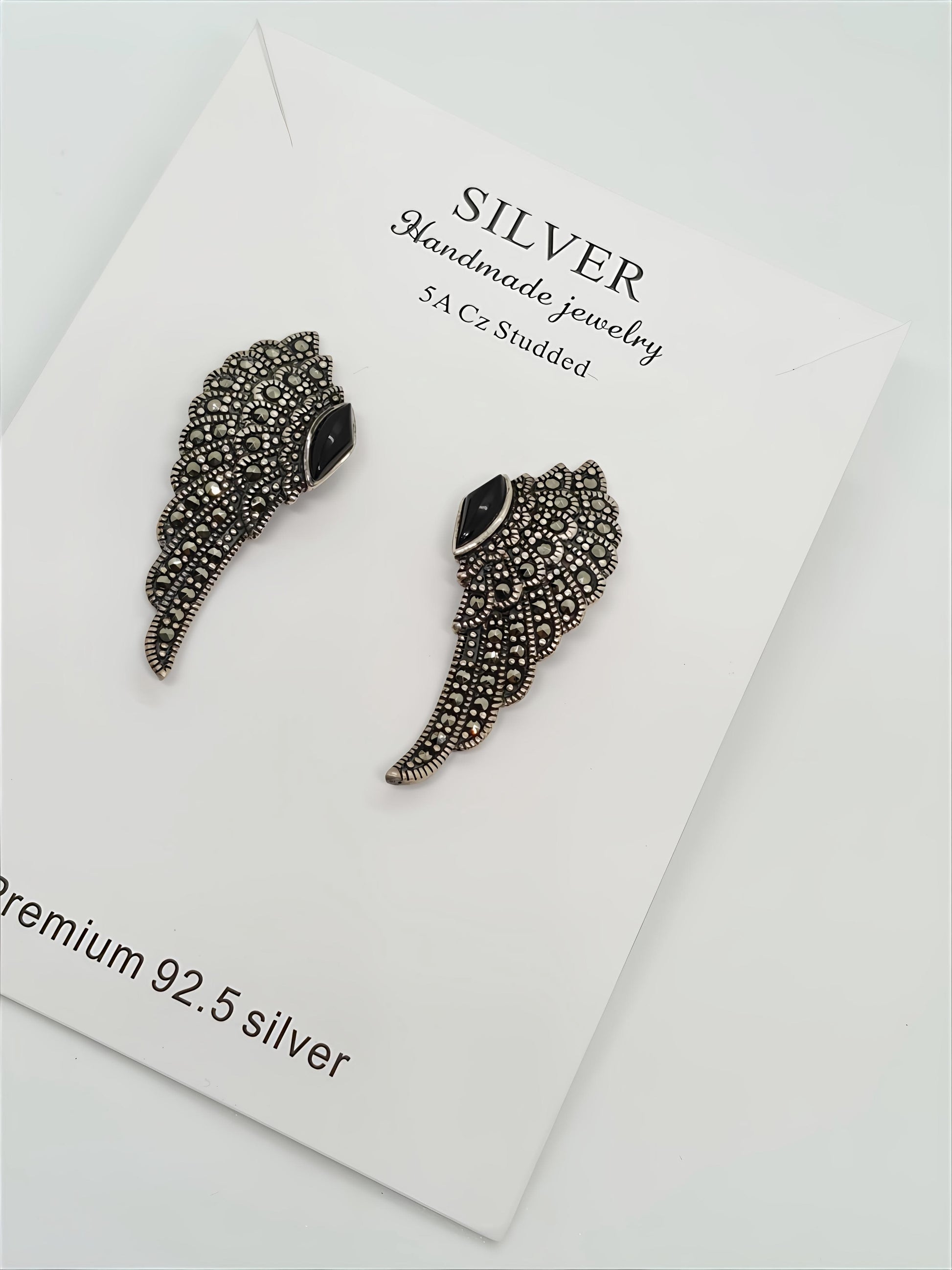 Antique Silver Wing Design Earrings with Black Onyx and Marcasite by SilvSaga