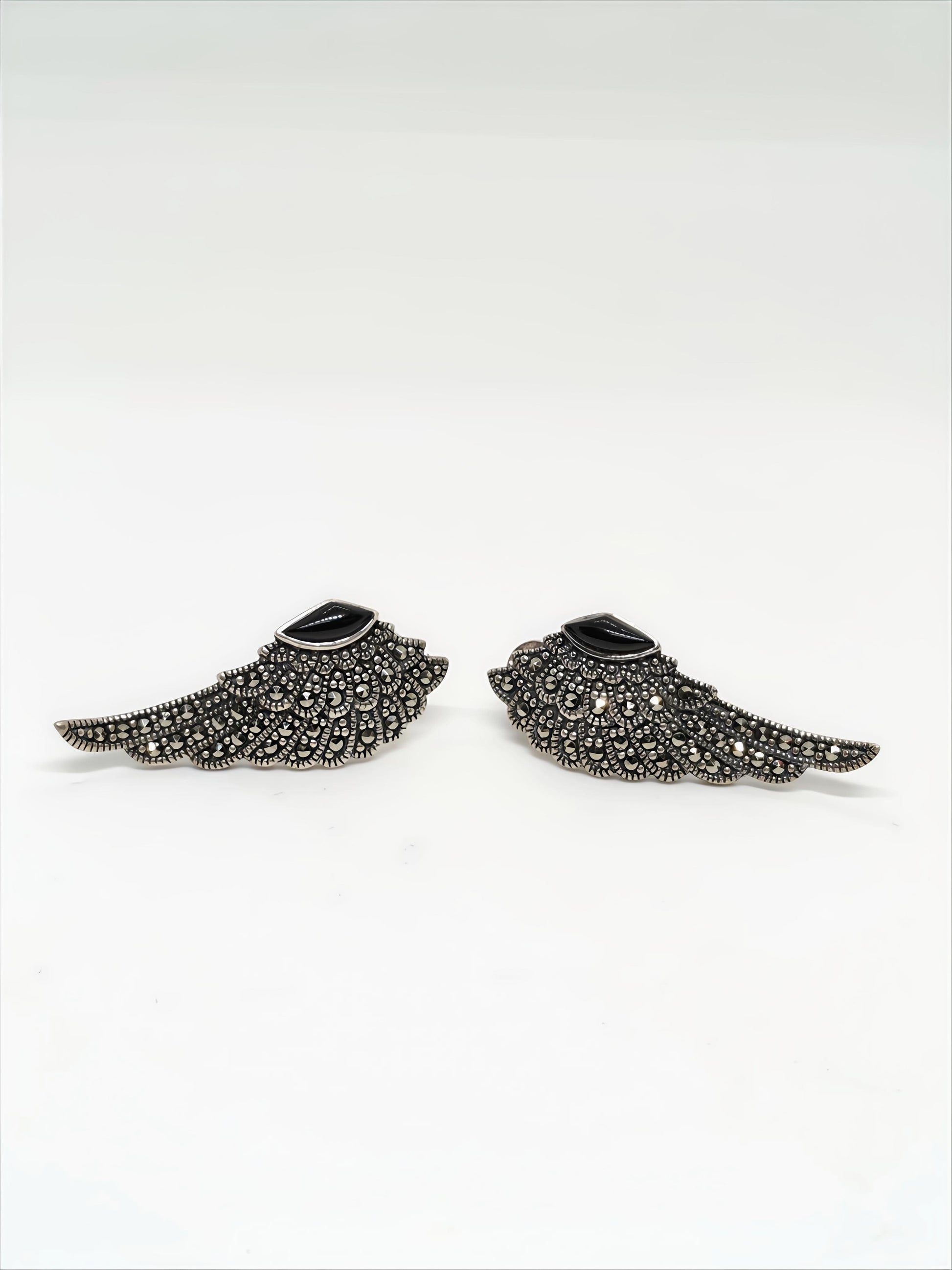 Antique Silver Wing Design Earrings with Black Onyx and Marcasite by SilvSaga