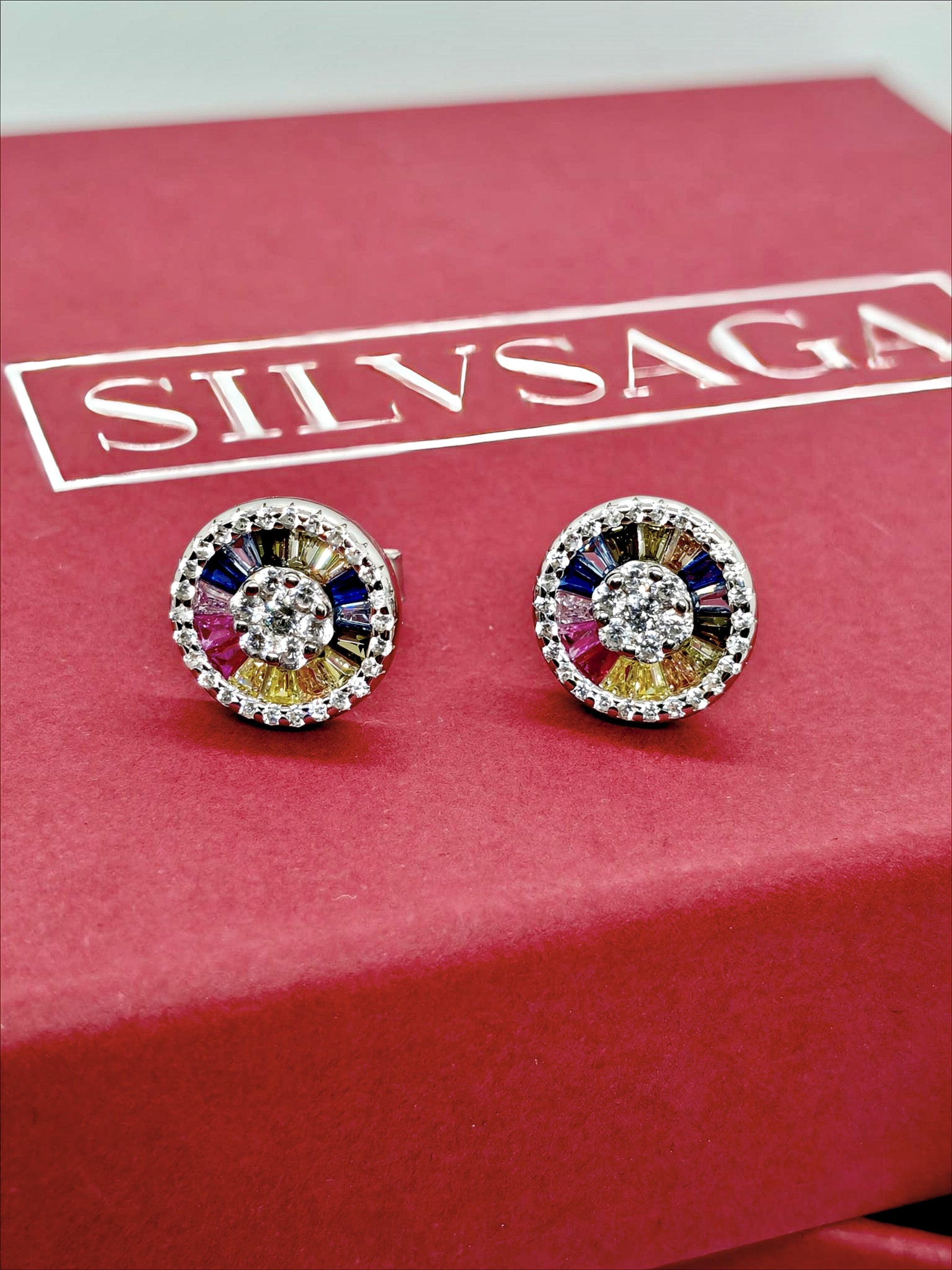Silver Multicolor Radiant CZ Stud Earrings by SilvSaga