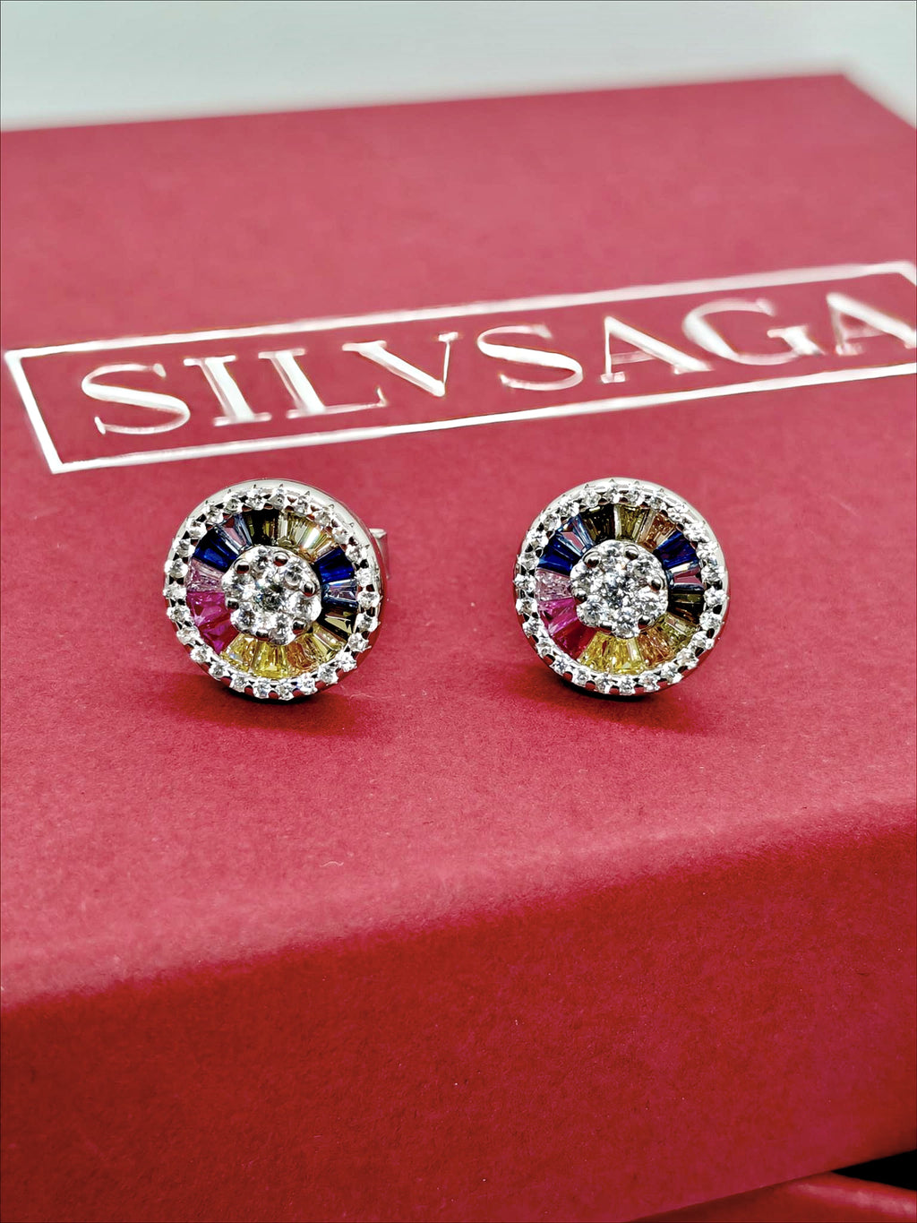 Silver Multicolor Radiant CZ Stud Earrings by SilvSaga